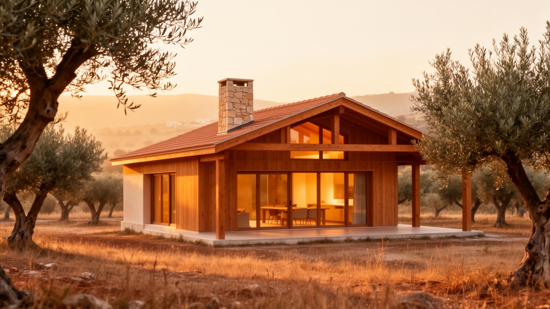 Timber-framed home in Cypriot countryside at golden hour